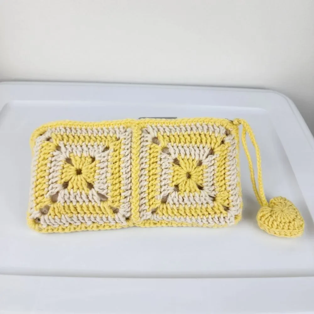 Handmade Crochet Granny Square Clutch Yellow Cream Boho Heart Charm Makeup Pouch - Picture 14 of 15